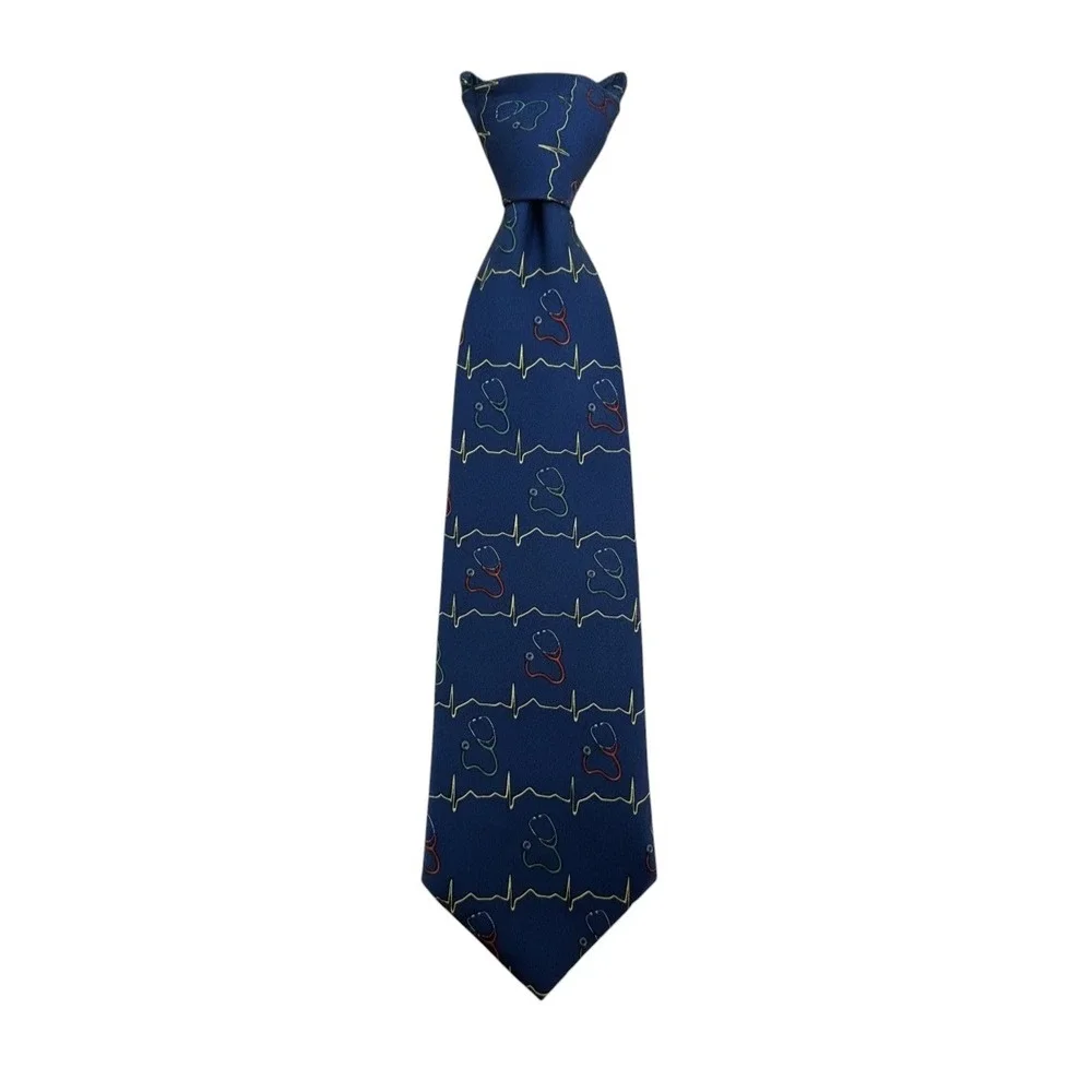 Avery Medical Fashions Silk Tie Navy Blue Stethoscope EKG Heartbeat USA Made